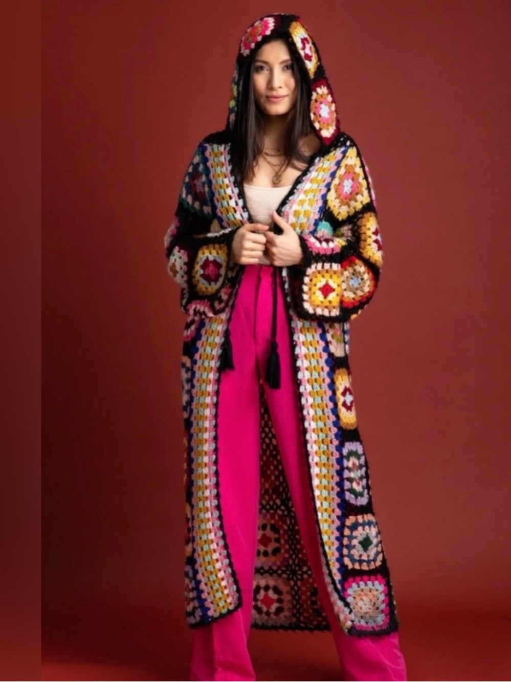 Multicolor Crochet Granny square hooded maxi cardigan one size - Picture 10 of 15